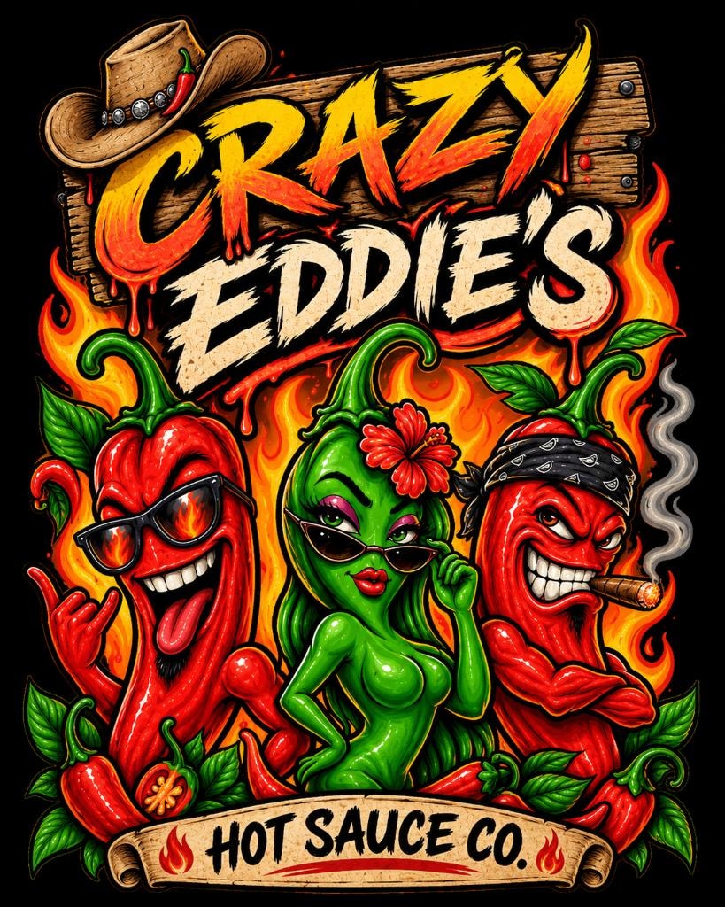 Crazy Eddie’s Hot Sauce Co. Design across the back of a black shirt